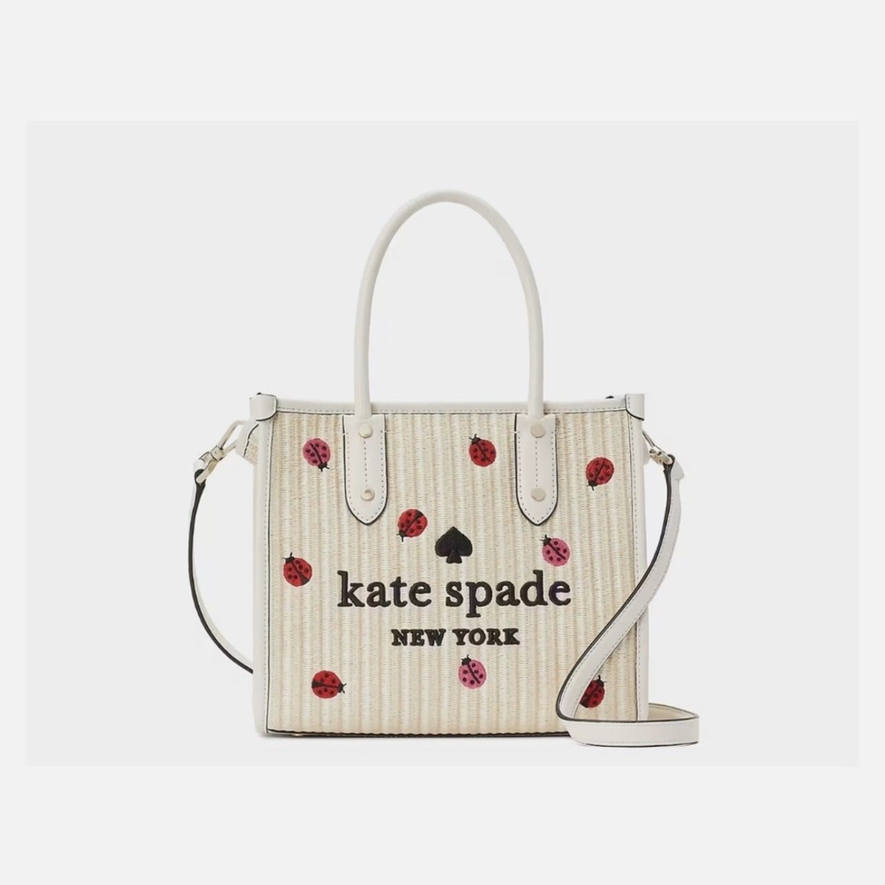 Kate Spade Ella Small Embroidered Straw Ladybug Tote Crossbody Bag